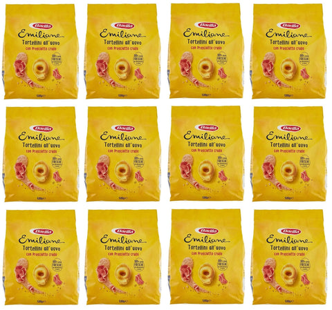Barilla Internationale Nudeln 12x Emiliane Barilla Pasta all'Uovo Ripiena Tortellini con Prosciutto Crudo Gefüllte Eiernudeln mit Rohschinken Nudeln 500g Packung 8076809522977