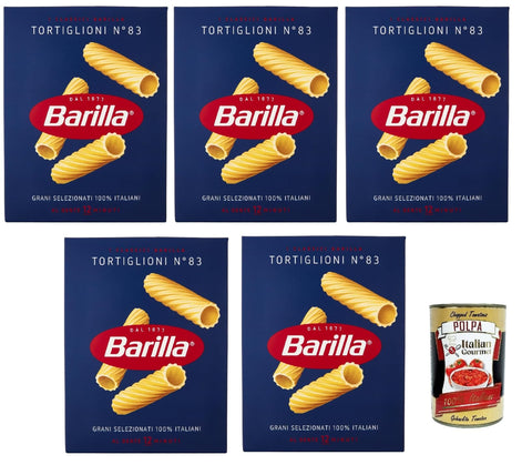 Barilla Internationale Nudeln 5x Barilla Tortiglioni n° 83, Pasta 100% italienisch Nudeln aus Hartweizengrieß 500g Packung + Italian Gourmet Polpa di Pomodoro 400g Dose 8076802085837
