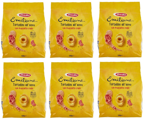 Barilla Internationale Nudeln 6x Emiliane Barilla Pasta all'Uovo Ripiena Tortellini con Prosciutto Crudo Gefüllte Eiernudeln mit Rohschinken Nudeln 500g Packung 8076809522977