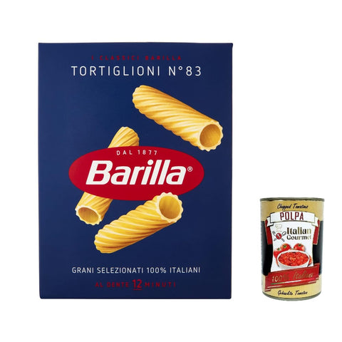 Barilla Internationale Nudeln Barilla Tortiglioni n° 83, Pasta 100% italienisch Nudeln aus Hartweizengrieß 500g Packung 10x Original italienisch inkl. Italian Gourmet Polpa di Pomodoro 400g Dose 8076802085837