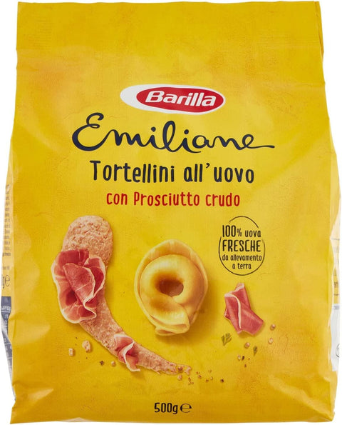 Barilla Internationale Nudeln Emiliane Barilla Pasta all'Uovo Ripiena Tortellini con Prosciutto Crudo Gefüllte Eiernudeln mit Rohschinken Nudeln 500g Packung 8076809522977