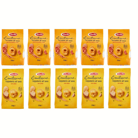 Testpaket Barilla Emiliane Tortellini al Prosciutto mit rohem Schinken - Cappelletti con Carne mit Fleisch ( 10x250 g ) Nudeln mit ei italienisch Original Pasta