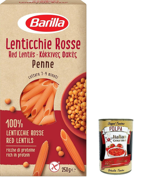 Barilla Knabberartikel 12x Pasta di Legumi, Penne di Lenticchie Rosse, Rote Linsen Penne, Gluten frei, gluten free 250g + Italian Gourmet polpa 400g 8076809575133