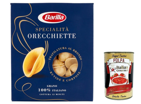 Barilla Knabberartikel 5x Pasta Barilla Specialità Orecchiette Pugliesi, 100% italienisch Nudeln 500 g pack + Italian Gourmet polpa 400g 8076809532907
