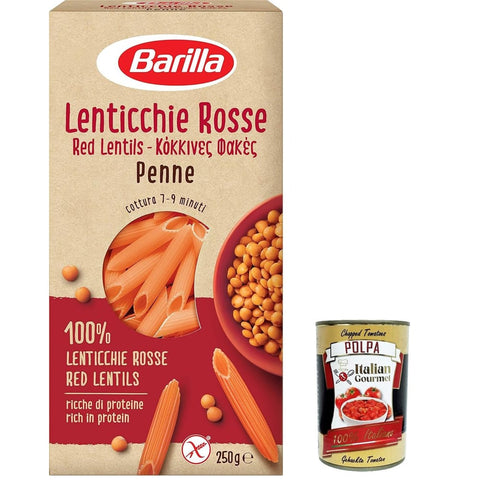 Barilla Knabberartikel Barilla Pasta di Legumi Penne di Lenticchie Rosse Rote Linsen Penne Gluten frei gluten free 250 g 6x italienisch Original + kostenlos polpa 400 g 8076809575133