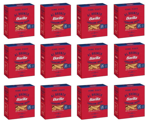 Barilla Kurze Pasta 12x Barilla Penne Rigate al Bronzo Bronze Gezogene Pasta 400g Rohe Verarbeitungsmethode 8076809580915