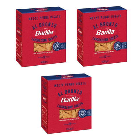 Barilla Kurze Pasta 3x Barilla Mezze Penne Rigate al Bronzo Bronze Gezogene Pasta 400g Rohe Verarbeitungsmethode 8076809580922