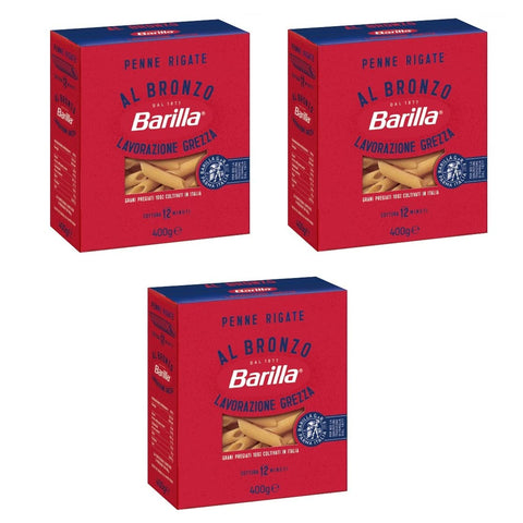 Barilla Kurze Pasta 3x Barilla Penne Rigate al Bronzo Bronze Gezogene Pasta 400g Rohe Verarbeitungsmethode 8076809580915