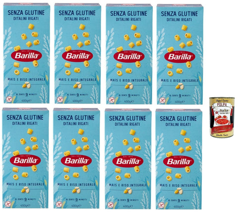Barilla Kurze Pasta Barilla Pasta Ditalini Rigati Senza Glutine,Glutenfreie Nudeln aus weißem Mais, gelbem Mais und braunem Reis 8x 400g + Italian Gourmet polpa 400g