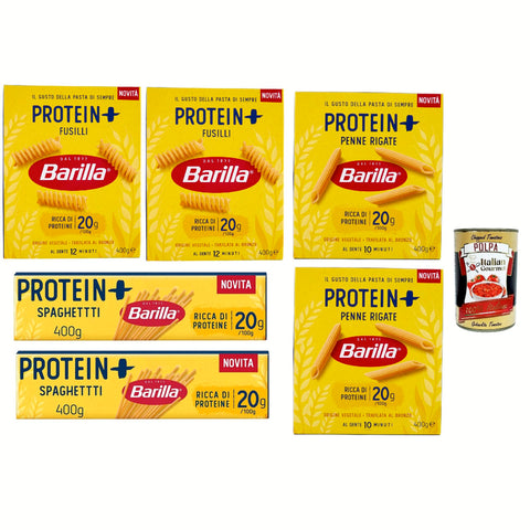 Barilla Protein + Testpaket, High protein, Italienische Hartweizennudeln, 6 Packungen à 400 g, Pasta aus 100% italienischem Hartweizen Original + kostenlos polpa