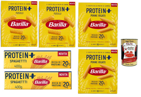 Barilla Kurze Pasta Barilla Protein +, Testpaket, High protein, Italienische Hartweizennudeln, 6 Packungen à 400g, Pasta aus 100% italienischem Hartweizen, + Italian Gourmet polpa 400g 8076809585842