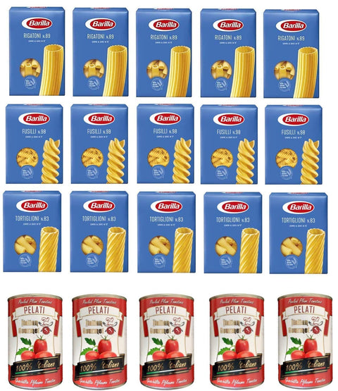 Barilla Kurze Pasta Testpaket Pasta Barilla 5x Rigatoni Nr. 89 5x Barilla Fusilli Nr. 98 5x Tortiglioni n/83 + 5x+ Italian Gourmet 100% italienische geschälte Tomaten dosen 5x 400g 8076800315264