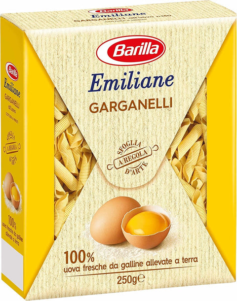 Barilla Längliche Pasta 10x Barilla Pasta all'Uovo Emiliane Garganelli n° 180 Nudeln mit ei 250g 8076809544474