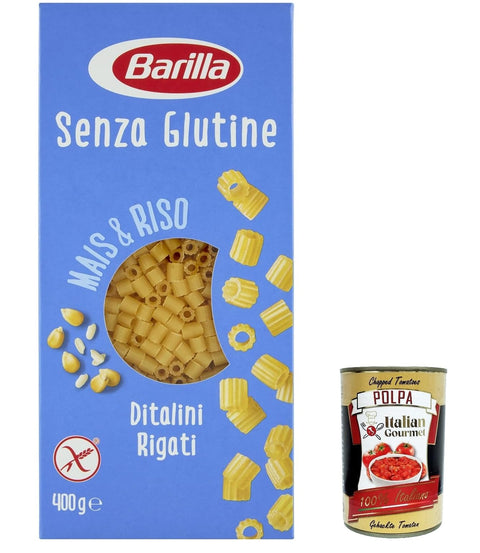 Barilla Längliche Pasta 20x Ditalini Rigati 400g senza Glutine Glutenfrei pasta nudeln, Pasta aus weißem Mais, gelbem Mais und braunem Reis + Italian Gourmet polpa 400g 8076809569453