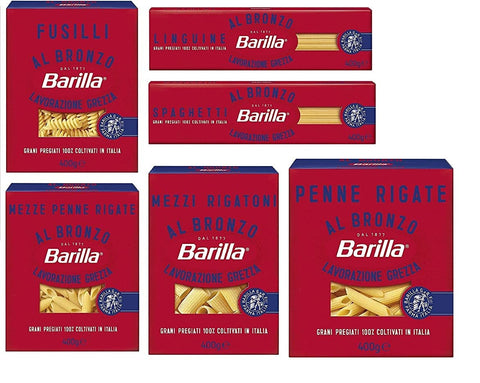 Barilla Längliche Pasta Testpaket Barilla Pasta al Bronzo Bronze Gezogene nudeln Pasta 6x 400g Rohe Verarbeitungsmethode, 7.0 stück 8076809580953