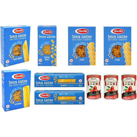 Barilla senza Glutine Glutenfrei pasta nudeln 1 x 300g und 6 x 400G TESTPAKET Original italienisch inkl. Italian Gourmet 100% italienische geschälte Tomaten dosen 3x 400g