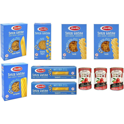 Barilla Längliche Pasta TESTPAKET Barilla senza Glutine Glutenfrei pasta nudeln 1 x 300g und 6 x 400G + Italian Gourmet 100% italienische geschälte Tomaten dosen 3x 400g 8076809545464
