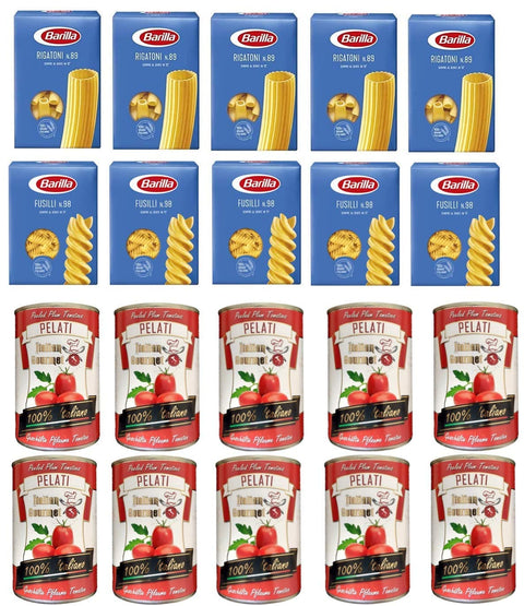 Barilla Nudelgerichte 5x Pasta Barilla Rigatoni Nr. 89 Nudeln 500 g pack + 5x Barilla Fusilli Nr. 98 + Italian Gourmet 100% italienische geschälte Tomaten dosen 10x 400g 8076800315264