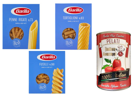 Barilla Nudelgerichte TESTPAKET Barilla Pasta 1x Penne rigate 1x Tortiglioni 1x Fusilli ( 3 x 500g ) + 1x Italian Gourmet 100% italienische geschälte Tomaten dosen 400g 8022180032970