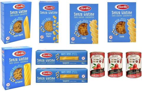 Barilla Nudelgerichte TESTPAKET Barilla senza Glutine Glutenfrei pasta nudeln 7 x 400G + Italian Gourmet 100% italienische geschälte Tomaten dosen 3x 400g 8076809545464