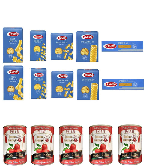 Barilla Nudelgerichte TESTPAKET Pasta Barilla italienisch ( 10 x 500g ) 5 Arten von Nudeln (Spaghetti-Tortiglioni-P.Mista-Stelline-Farfalline) + Italian Gourmet 100% italienische geschälte Tomaten dosen 5x 400g 76808280081