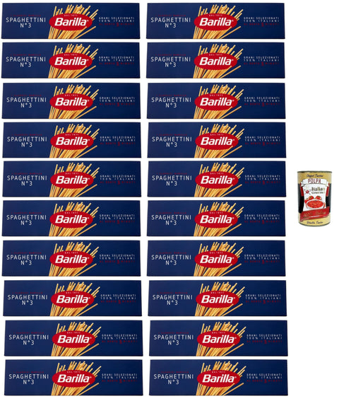 Barilla Nudeln & Pasta 20x Barilla Spaghettini n° 3, Pasta 100% italienisch Nudeln aus Hartweizengrieß 500g Packung + Italian Gourmet Polpa di Pomodoro 400g Dose 8076800195033