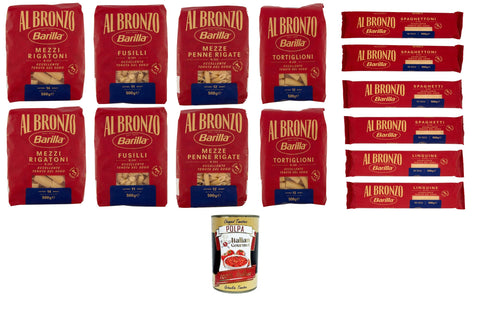 Barilla Nudeln & Pasta Barilla Al Bronzo Testpaket Pasta Fusilli,Mezze Penne,Mezzi Rigatoni,Linguine,Spaghetti,Spaghettoni,Tortiglioni, Bronze Gezogene Pasta Rohe Verarbeitungsmethode 14x 500gr + Italian Gourmet polpa 400g 8076809585309