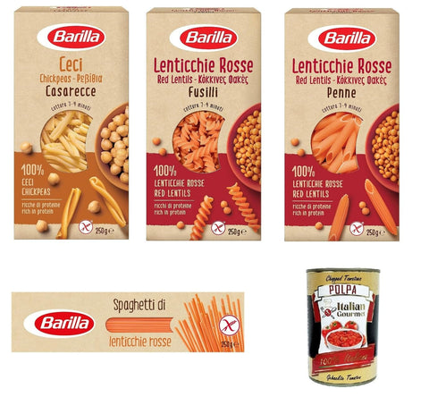 Barilla Nudeln & Pasta Barilla Pasta di Legumi Testpaket, Hülsenfrüchte pasta nudeln, Reich an Ballaststoffen und Proteinen, glutenfrei - 4x 250 g + Italian Gourmet polpa 400g 8076809575157