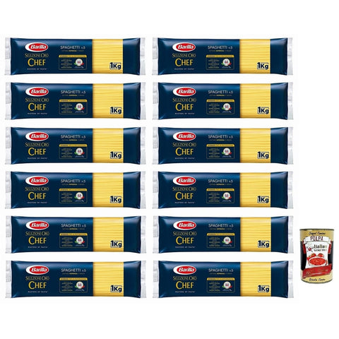Barilla Nudeln & Pasta Barilla Selezione Oro Chef Spaghetti n.5 Hartweizengrieß Pasta 100% italienisches Getreide Packung mit 1 kg 12x italienisch Original + kostenlos Polpa di Pomodoro 8076809527941