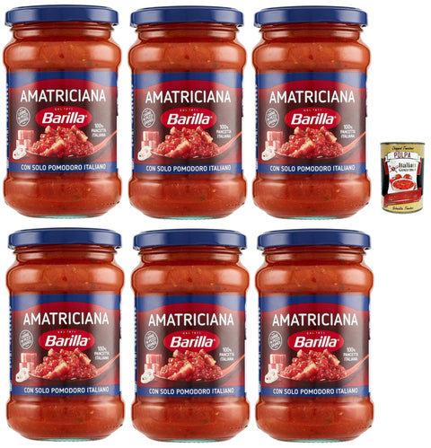 Barilla Pasta & Saucen Barilla Sugo all'Amatriciana, Salsa, Fertige Tomatensauce mit 100% italienischem Speck, Zwiebeln und Chilischote 6x 300 gr + Italian Gourmet polpa 400g 8076809584531