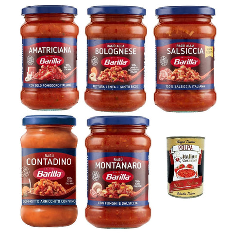 Barilla Sugo ragu testpaket, Salsa, Fertige Tomatensauce mit 100% italienischem, amatriciana, bolognese, contadino, montanaro, salsiccia 5x 300 gr italienisch Original