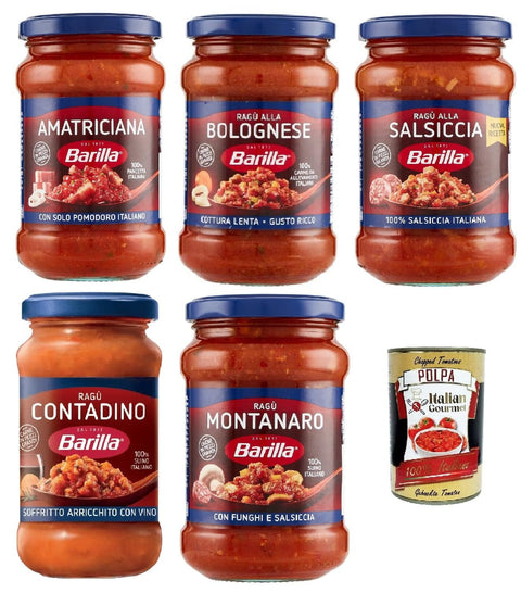 Barilla Pasta & Saucen Barilla Sugo ragu testpaket, Salsa, Fertige Tomatensauce mit 100% italienischem, amatriciana, bolognese, contadino, montanaro, salsiccia 5x 300 gr + Italian Gourmet polpa 400g 8076809584531