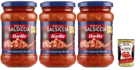 Barilla Pasta & Saucen Sugo Ragù Salsiccia Condimento per Pasta, Fertig Soße mit 100 % italienischer Wurst, 3x 300g + Italian Gourmet polpa 400g 8076809584623
