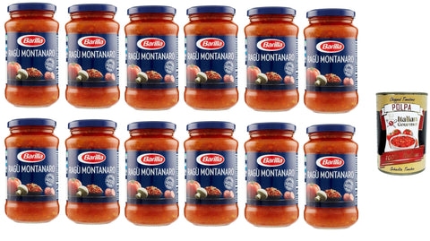 Barilla Pastasaucen 12x Barilla Ragù Montanaro pastasauce tomatensauce mit Wurst und Pilze 400g aus italien + Italian Gourmet polpa 400g 8076809525237