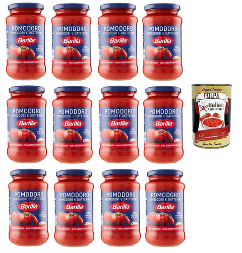 Barilla Pastasaucen 12x Barilla Sugo Pomodoro e Datterini, Sauce mit 100% italienischen Tomaten, Sauce für Pasta 400g + Italian Gourmet polpa 400g 8076809513395