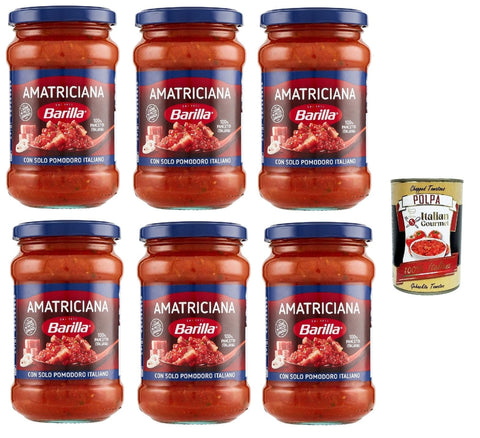 Barilla Pastasaucen 6x Barilla - Amatriciana PastaSauce - Tomatenbereit - hergestellte Sauce mit Speck, Zwiebel und Chilischpfeffer - 300 g + Italian Gourmet polpa 400g 8076809525220