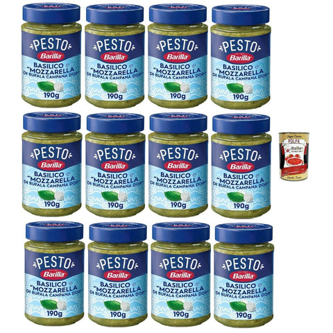 Barilla Pastasaucen Barilla Pesto Basilico e Mozzarella di Bufala Campana DOP, Gewürz und Sauce für Pasta, 12x 190g Original italienisch inkl. Italian Gourmet Polpa 400g 8032804040014