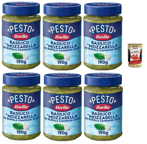 Barilla Pastasaucen Barilla Pesto Basilico e Mozzarella di Bufala Campana DOP, Gewürz und Sauce für Pasta, 6x 190g + Italian Gourmet polpa 400g 8076809586177