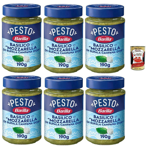 Barilla Pesto Basilico e Mozzarella di Bufala Campana DOP Gewürz und Sauce für Pasta 6x190 g italienisch Original + kostenlos polpa 400 g