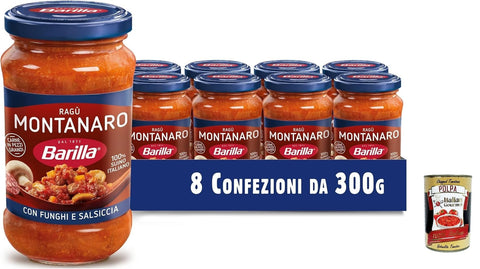 Barilla Pastasaucen Barilla Sugo Montanaro Sauce, Sauce bereit für Tomaten mit Wurst und Pilzen, Ferge Sauce, 8x 300g Paket + Italian Gourmet polpa 400g 8076809584647