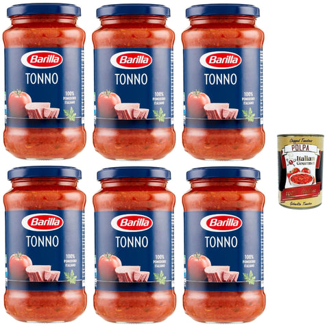 Barilla Pastasaucen Barilla Sugo Pronto al Tonno all' Olio di Oliva e Pomodoro Italiano, Fertige Thunfischsauce mit Olivenöl und italienischen Tomaten, 6x 400g + Italian Gourmet polpa 400g 8076809513418