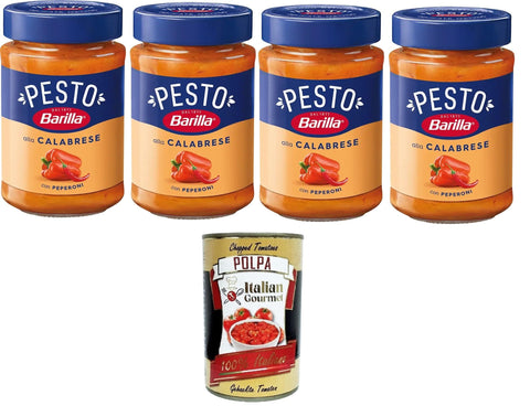 Barilla Pesto Barilla Pesto Alla Calabrese con Peperoni Condimento e Sugo per Pasta Kalabrisches Pesto mit Paprikagewürz und Pastasauce 4x190gr + Italian Gourmet polpa 400g 8076809517751