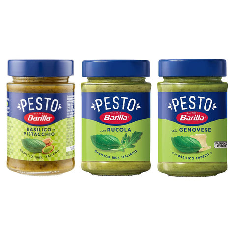 Testpaket Barilla grünes Pesto Basilico e Rucola Pesto genovese Pesto pistacchio esto Basilico e Pistacchio Pesto mit Basilikum und Pistazien 3x190 g
