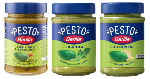 Barilla Pesto Testpaket Barilla grünes Pesto Basilico e Rucola Pesto genovese Pesto pistacchio esto Basilico e Pistacchio Pesto mit Basilikum und Pistazien 3x 190g 8076809581868