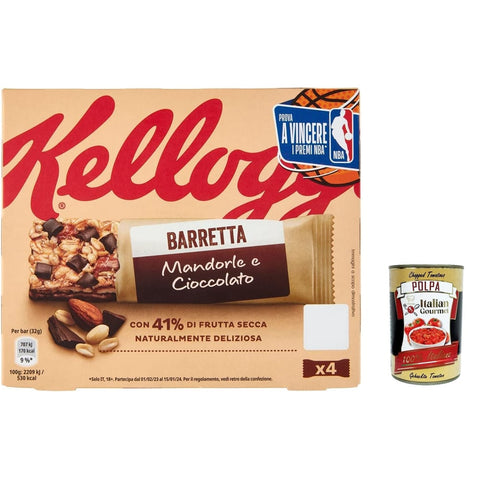 Barretta Kellogg's Mandorle Müsliriegel Barretta Kellogg's Mandorle e Cioccolato, Müsliriegel mit Mandeln und Schokolade 128g 12x Original italienisch inkl. Italian Gourmet Polpa 400g 5053827161947