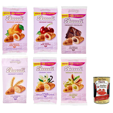 Bauli Testpaket Cornetti Croissant brioche kekse kuchen mit creme Custard, Pistacchio, Cioccolato, Albicocca, Classico, Ciliegia italien 6 packs + Itlaian Gourmet polpa 400 g italienisch Original