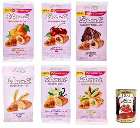 Bauli Abgepackte Gebäckstücke Bauli Testpaket Cornetti Croissant brioche kekse kuchen mit creme Custard, Pistacchio, Cioccolato, Albicocca, Classico, Ciliegia italien 6 packs + Itlaian Gourmet polpa 400g 8001720445715
