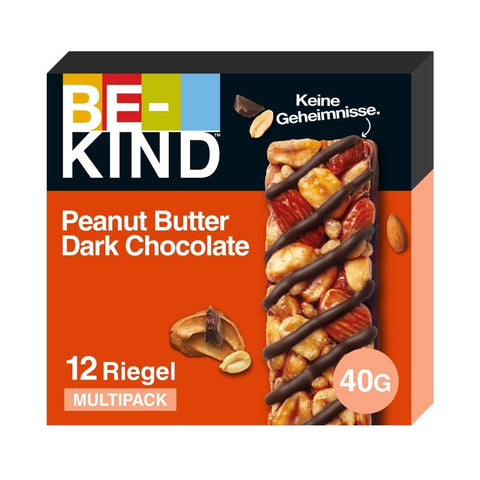 BE-KIND Frucht- & Nuss BE-KIND Riegel, glutenfreie Snack-Riegel, Peanut Butter Dark Chocolate, hoher Ballaststoffgehalt, ohne künstliche Farb-, Aroma- oder Konservierungsstoffe, 12 x 40g 5000159528351