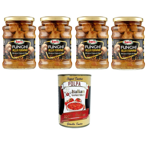 Berni Funghi Gemüse Berni Funghi alla Fiamma con Olio Extra Vergine di Oliva Flammpilze mit Nativem Olivenöl Extra 4x350 g italienisch Original + kostenlos polpa 400 g 8032804040014