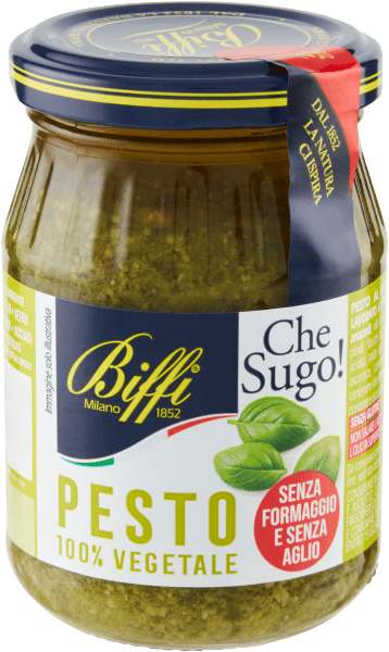 Biffi Pesto Biffi Pesto alla genovese 100% Vegetale senza formaggio e senz'aglio 100 % pflanzlich, ohne Käse, aber mit unverwechselbarem Geschmack 190 g 8009320037774